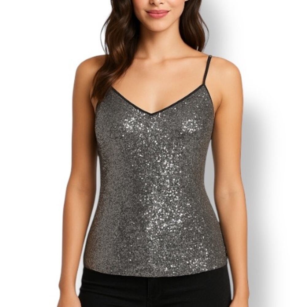 Express Silver Sequin Cami Tank Top XS Adjustable Straps Holiday Party Glam